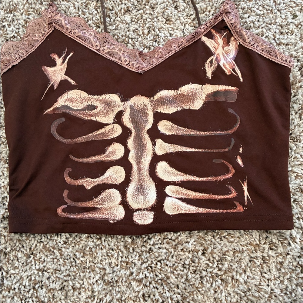 Brown Skeleton Print Lace Trim Women's Top
